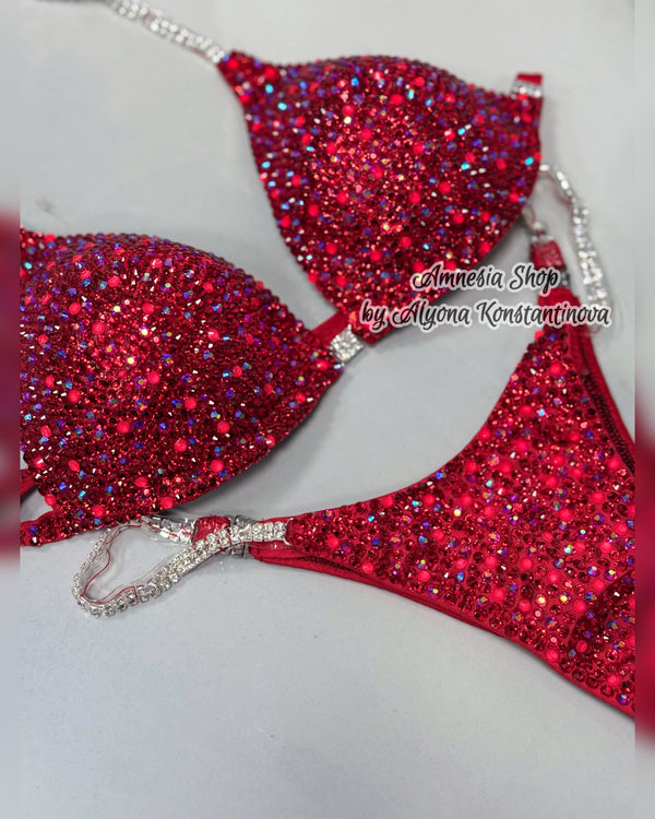 Red Neon Competition Bikini Set - Rhinestone Fitness - NPC - IFBB - WBFF - Figure Competition Suit - Posing Suit - Swarosvki Bodybuilding