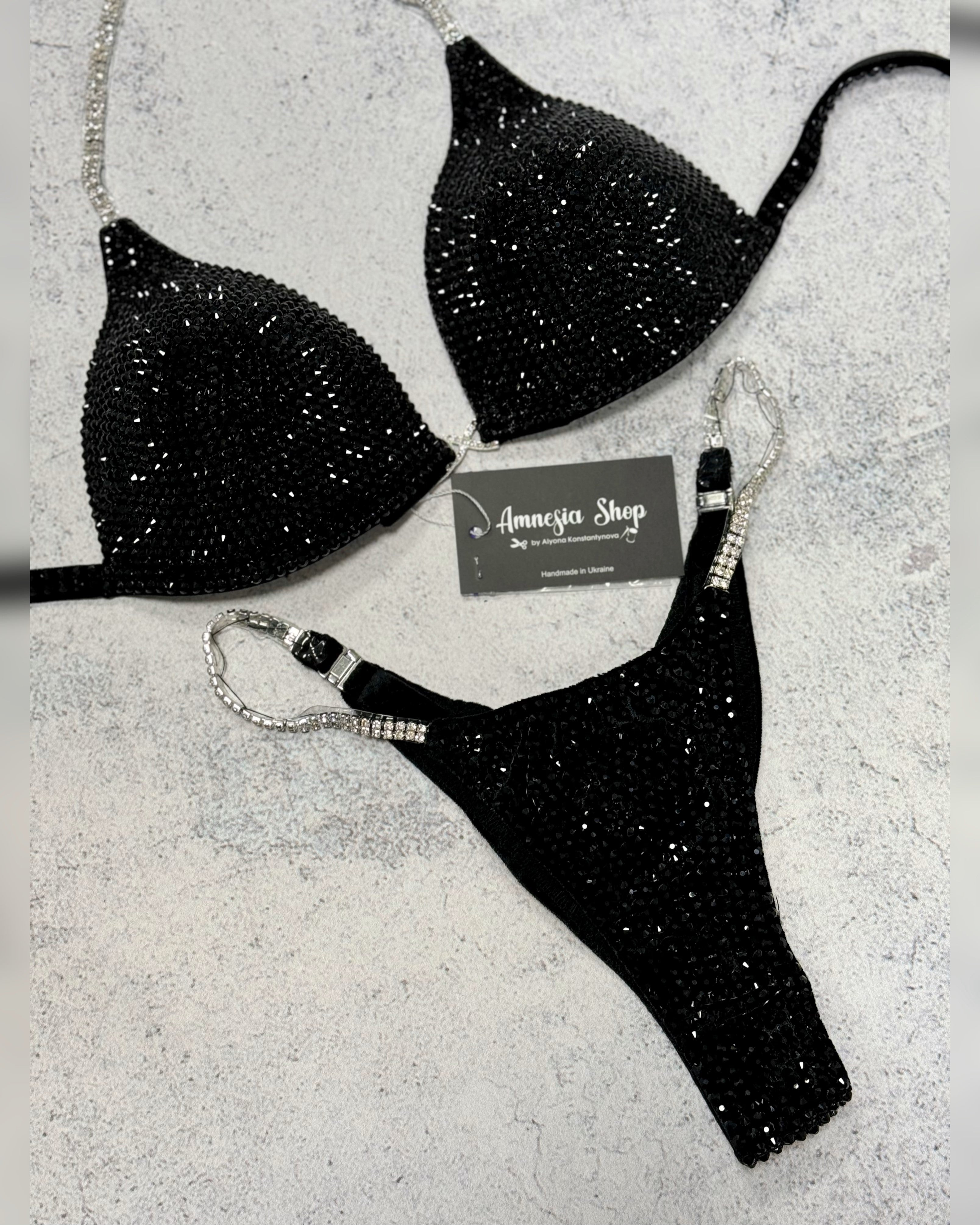 Black Competition Bikini Set - Rhinestone Fitness - NPC Bikini Suit - IFBB - Figure Competition Suit - Posing Suit - Swarovski Bodybuilding