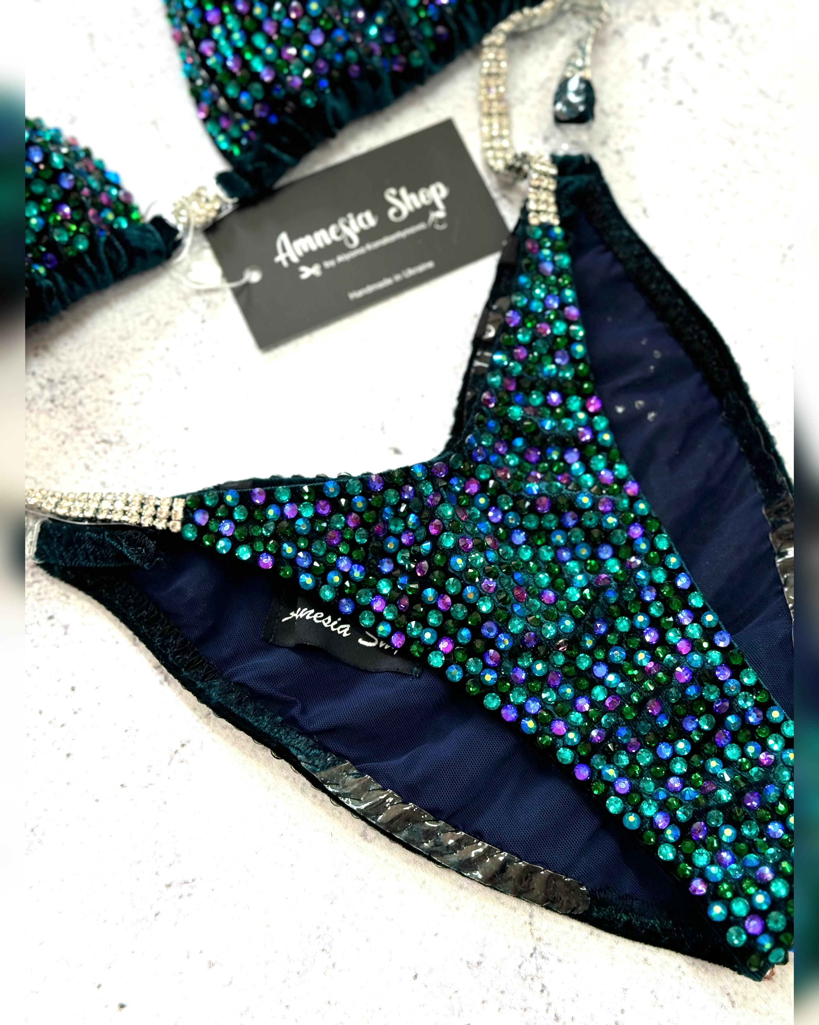 Green Fitness Bikini - Competition Bikini Set - Figure Fitness - NPC - IFBB - Velvet Figure Competition Suit - Posing Suit - Wellness Bikini