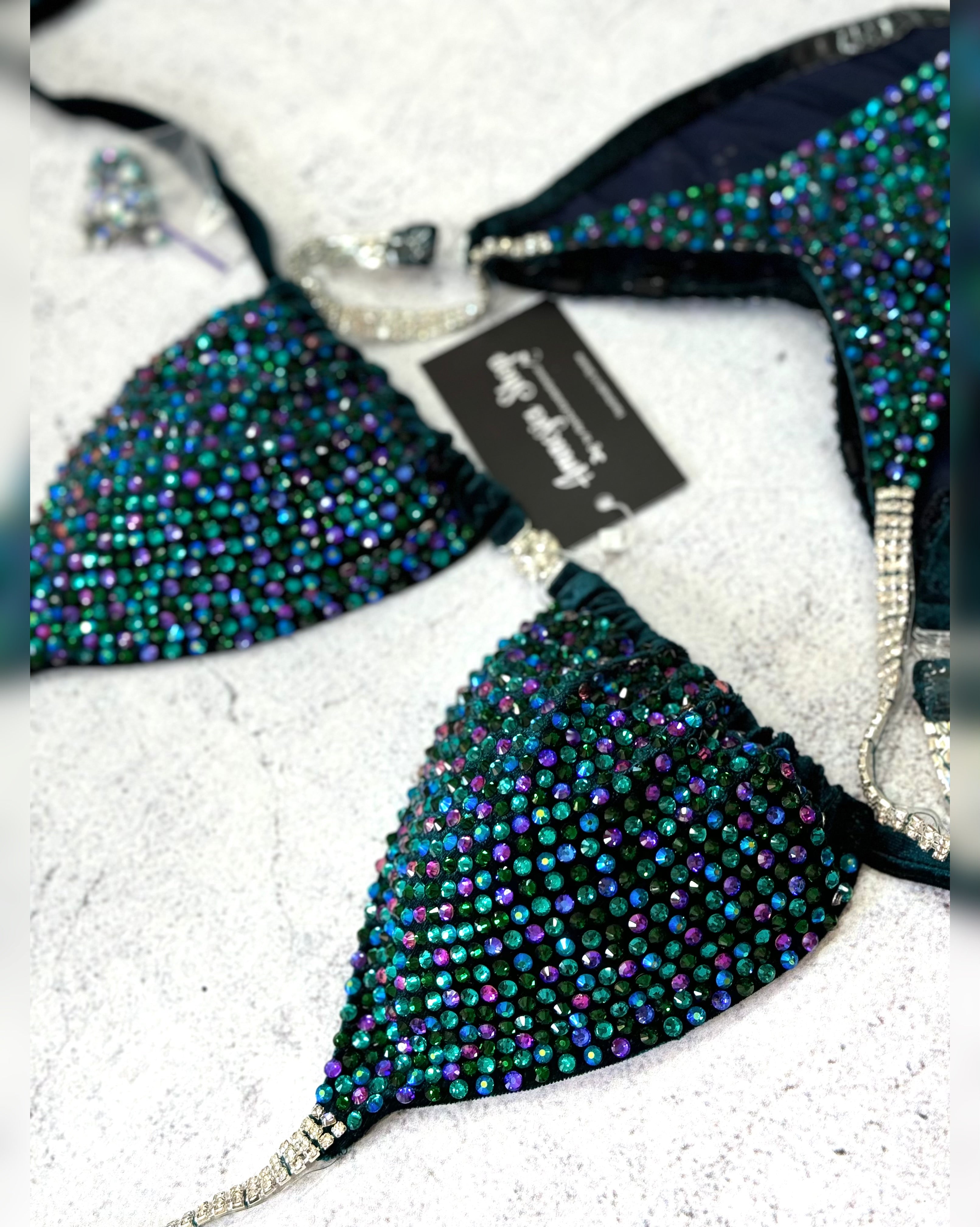 Green Fitness Bikini - Competition Bikini Set - Figure Fitness - NPC - IFBB - Velvet Figure Competition Suit - Posing Suit - Wellness Bikini