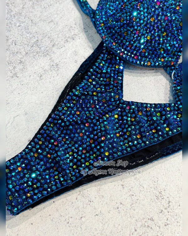 Fitness Blue Competition Bikini Set - Rhinestone Fitness - NPC bikini suit - IFBB - WBFF - Figure Competition Suit - Posing Suit - Swarovski Bodybuilding