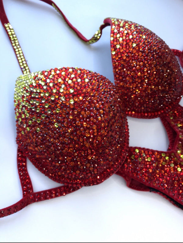 Red and Gold Fitness Bikini - Competition Bikini Set - Rhinestone Fitness - Figure Suit - IFBB - WBFF - Posing Suit - Amnesia Shop