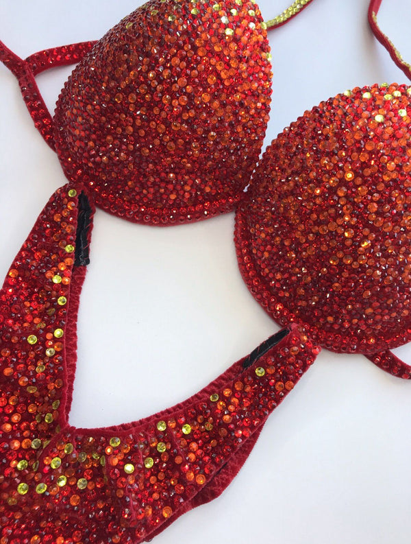 Red and Gold Fitness Bikini - Competition Bikini Set - Rhinestone Fitness - Figure Suit - IFBB - WBFF - Posing Suit - Amnesia Shop