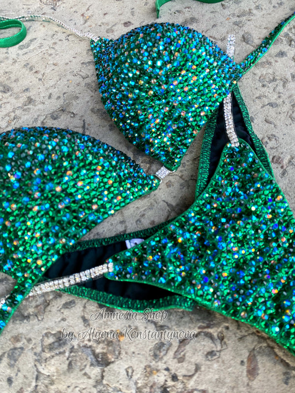 Green Competition Bikini Set - Rhinestone Fitness - NPC - IFBB - WBFF - Wellness - Figure Competition Suit - Posing Suit - Swarovski Bodybuilding