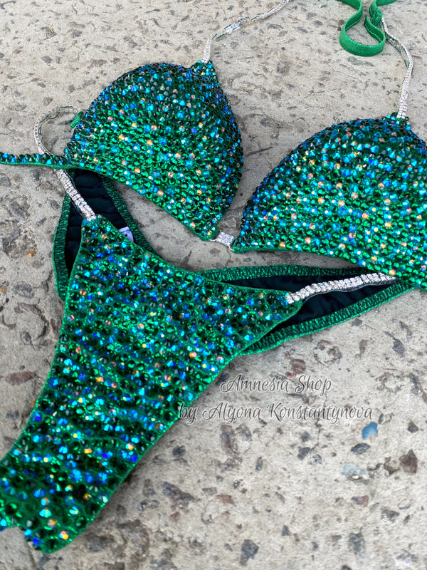 Green Competition Bikini Set - Rhinestone Fitness - NPC - IFBB - WBFF - Wellness - Figure Competition Suit - Posing Suit - Swarovski Bodybuilding