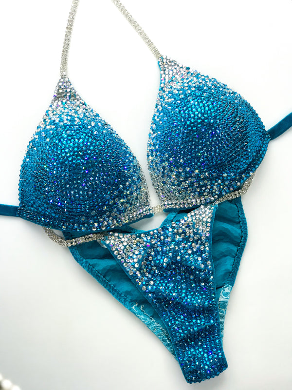 Blue Silver Fitness Bikini - Competition Bikini Set - Figure Fitness - NPC - IFBB - Velvet Figure Competition Suit - Posing Suit - Wellness Bikini