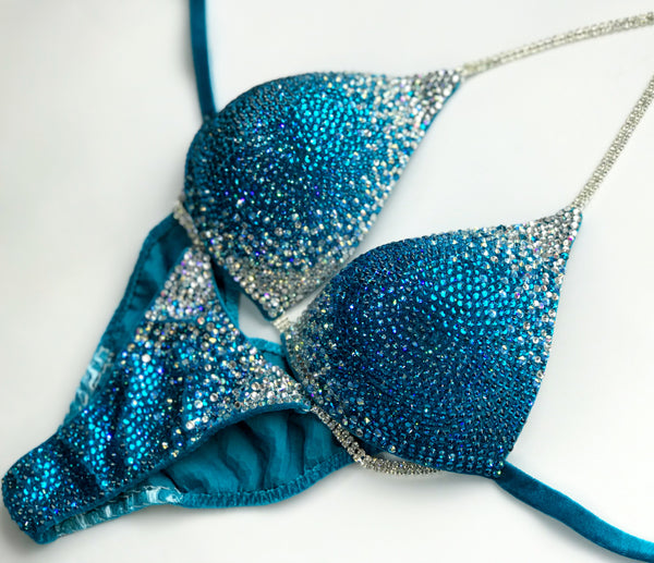 Blue Silver Fitness Bikini - Competition Bikini Set - Figure Fitness - NPC - IFBB - Velvet Figure Competition Suit - Posing Suit - Wellness Bikini