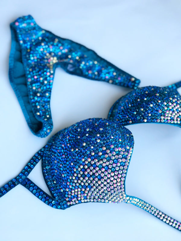 IFBB Competition Bikini - Blue Crystallized Bikini Suit - Custom Crystal Bikini - Practice Posing Suit - Amnesia Shop