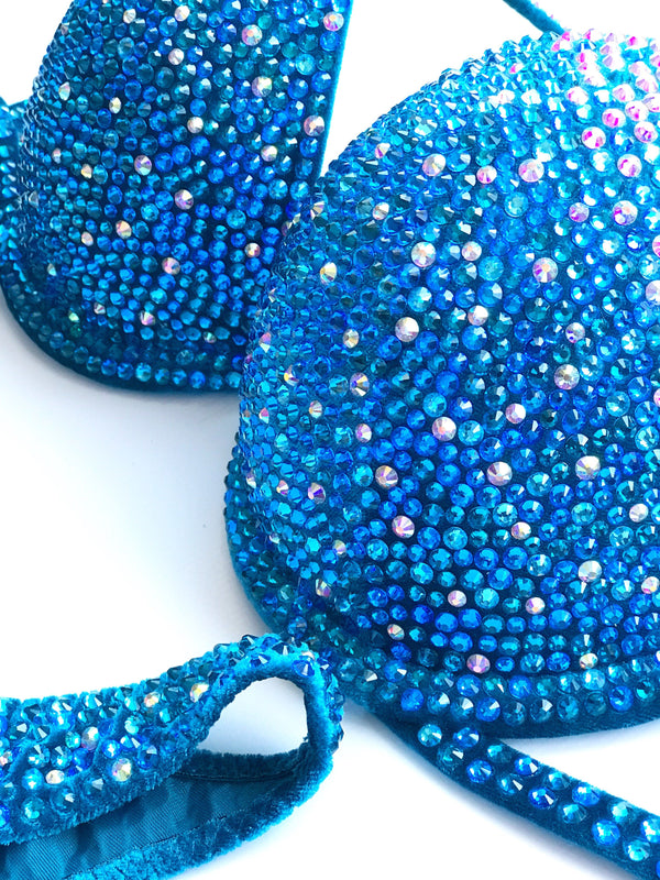 IFBB Competition Bikini - Blue Crystallized Bikini Suit - Custom Crystal Bikini - Practice Posing Suit - Amnesia Shop