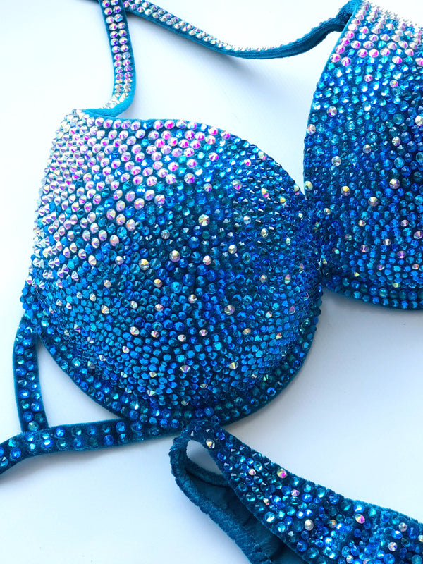 IFBB Competition Bikini - Blue Crystallized Bikini Suit - Custom Crystal Bikini - Practice Posing Suit - Amnesia Shop