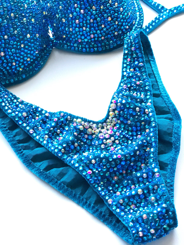 IFBB Competition Bikini - Blue Crystallized Bikini Suit - Custom Crystal Bikini - Practice Posing Suit - Amnesia Shop