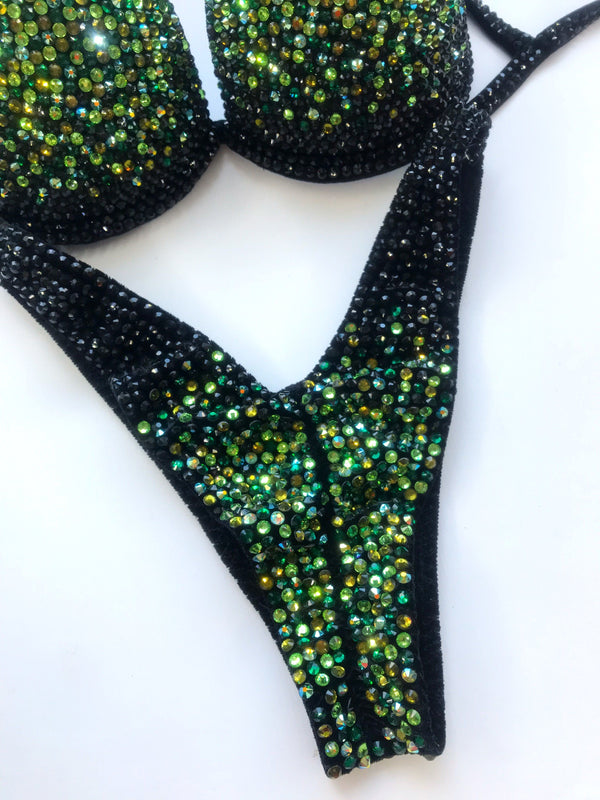 Green Competition Bikini Set - Rhinestone Fitness - IFBB - WBFF - Figure Competition Suit - Posing Suit - Swarosvki Rhinestones Bodybuilding - Amnesia Shop