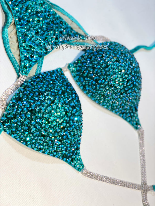 Competition Set - Rhinestone Fitness - NPC - IFBB - WBFF - Figure Competition Suit - Posing Suit - Sw Bodybuilding - Turquoise bikini