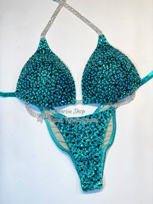 Competition Set - Rhinestone Fitness - NPC - IFBB - WBFF - Figure Competition Suit - Posing Suit - Sw Bodybuilding - Turquoise bikini