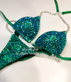 Blue-Green Competition Bikini Set - Rhinestone Fitness - NPC - IFBB - WBFF - Figure Competition Suit - Posing Suit - Sw Bodybuilding