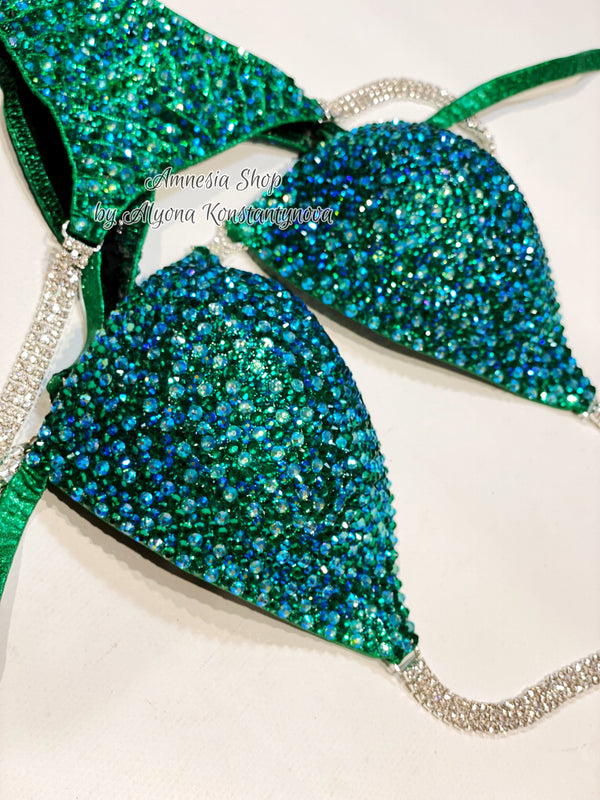 Blue-Green Competition Bikini Set - Rhinestone Fitness - NPC - IFBB - WBFF - Figure Competition Suit - Posing Suit - Sw Bodybuilding