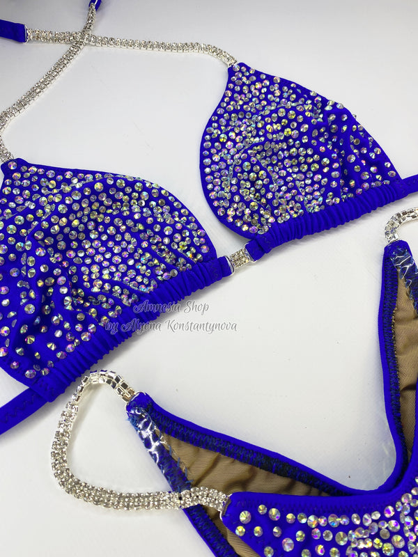 Blue Silver Competition Bikini Set - Rhinestone Fitness - NPC Bikini Suit - IFBB  - Figure Competition Suit - Posing Suit - Wellness Bikini